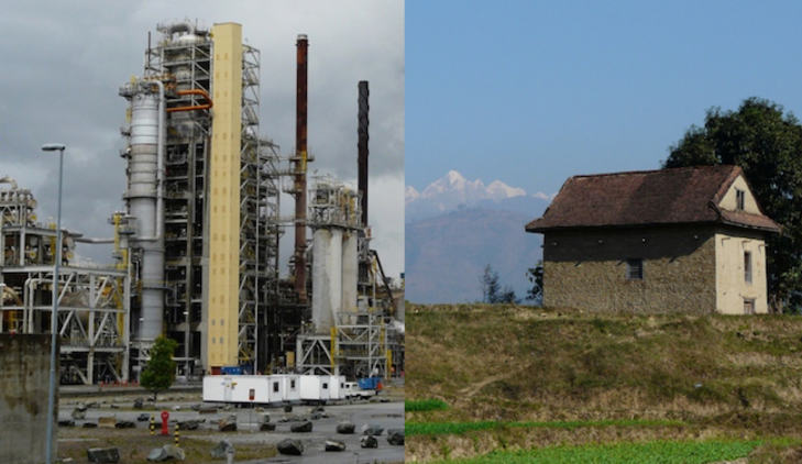 Two images side by side: one of some kind of large-scale industrial plant with chimneys, and another of a cob house in a grassy field with mountains in the distance