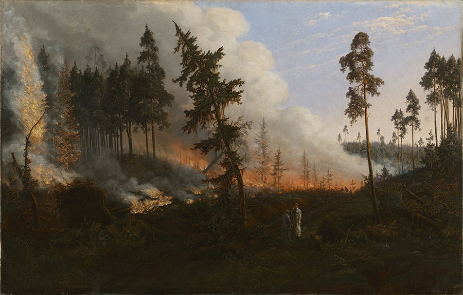 Oil painting of pine forest fire with two people standing in front of it