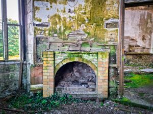 a mossy, broken down hearth in an abandoned building