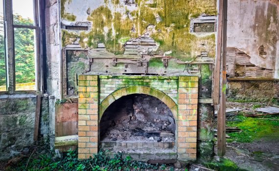 a mossy, broken down hearth in an abandoned building