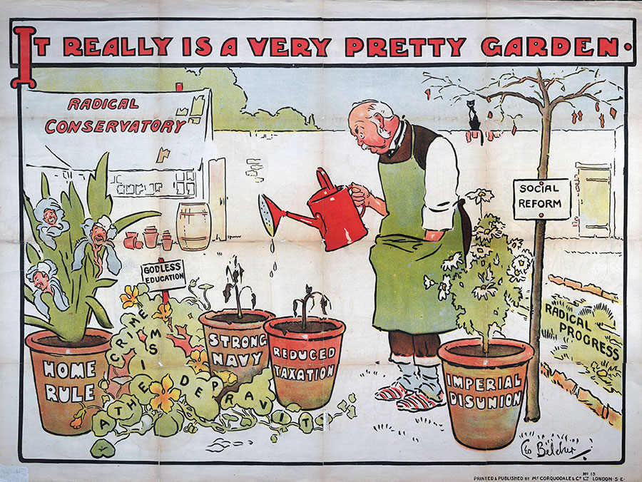 "It Really is a Very Pretty Garden" poster. Full colour lithograph showing a man with a watering can standing in a garden outside the "Radical Conservatory". C1905-1910. London School of Economics