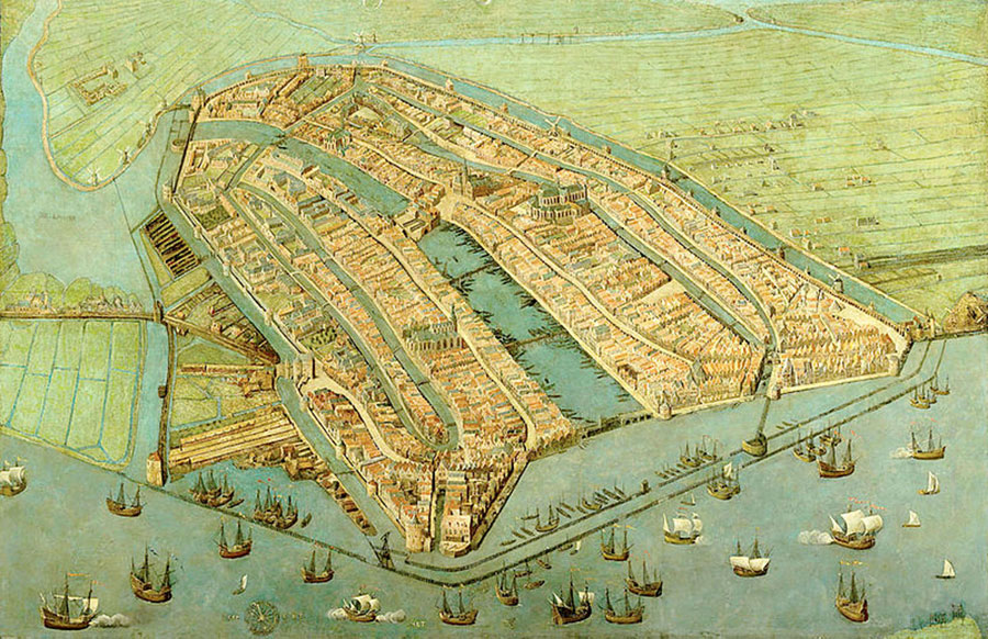 Historic color painting of Amsterdam seen from an aerial view
