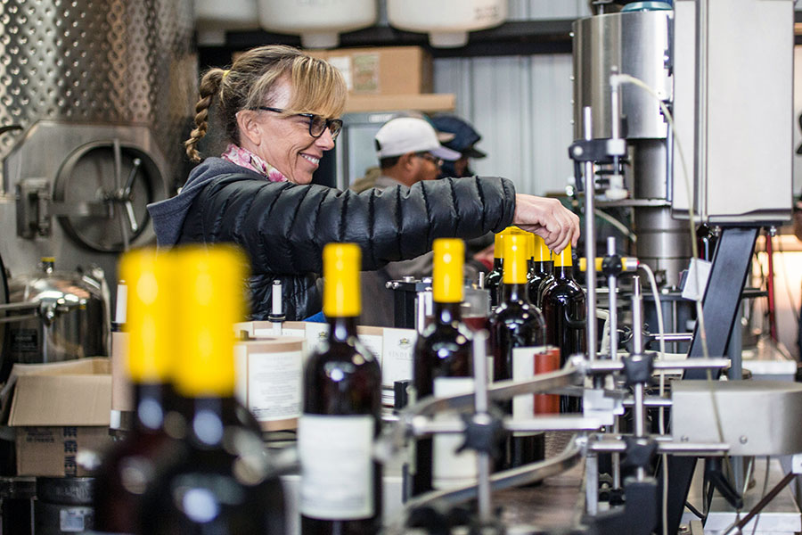 Woman in wine bottling line.